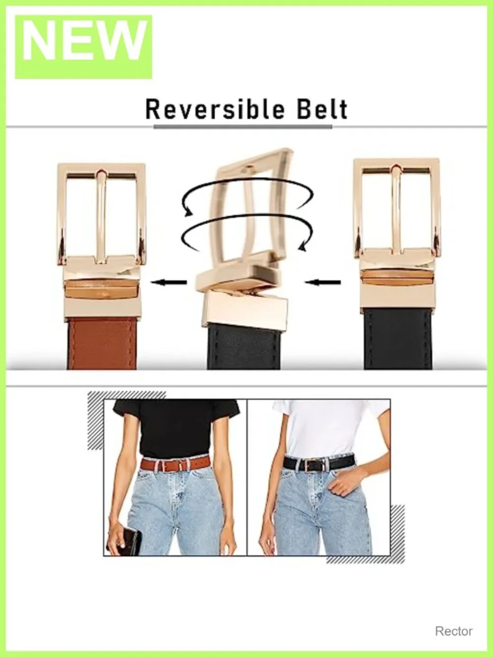Women's Reversible PU Leather Belt with Rotated Buckle, Two-in-One in One Strip